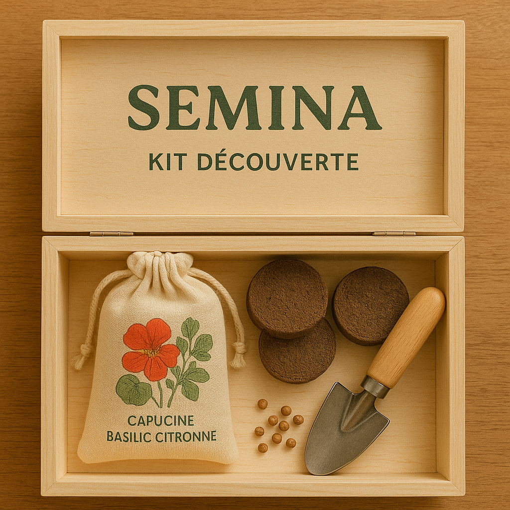 Kit découverte Semina pour jardinage débutant, avec graines de capucine et basilic citronné, pastilles de terreau et transplantoir.